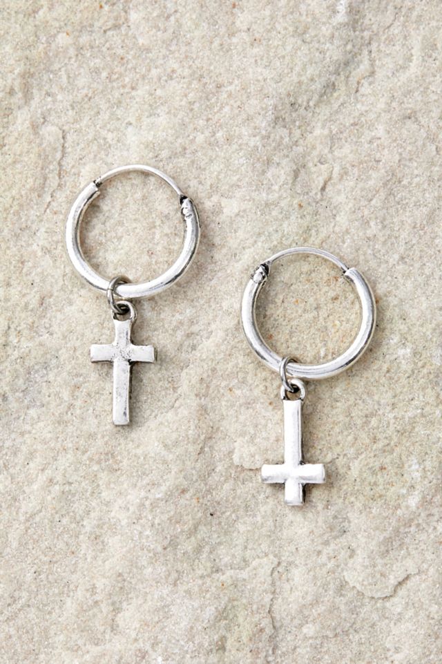 Icon Brand hoop earrings with cross charms in silver