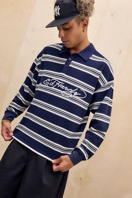 Ed Hardy UO Exklusives Marineblaues Gestreiftes Langarm-Poloshirt