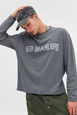 T-shirt à manches longues à rayures grises et marine Ed Hardy exclusif UO