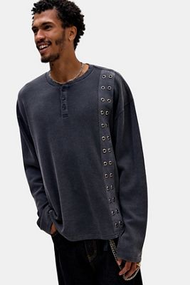 T-shirt Henley gaufré à œillets noir exclusif UO Ed Hardy