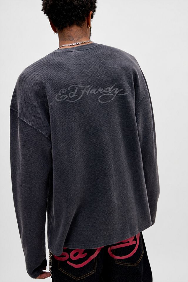 T-shirt Henley gaufré à œillets noir exclusif UO Ed Hardy #3