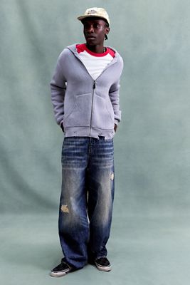 Felpa con Cappuccio in Maglia Effetto Consumato Argento con Zip Integrale Alpha Industries
