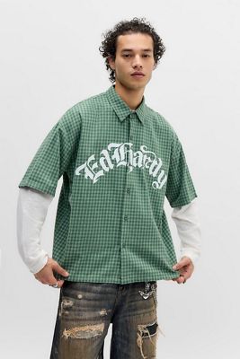 Ed Hardy UO Exclusive Green Check Relaxed Shirt