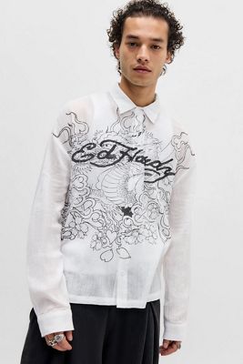 Camisa Ed Hardy UO Exclusiva Blanca con Dragón en Llamas