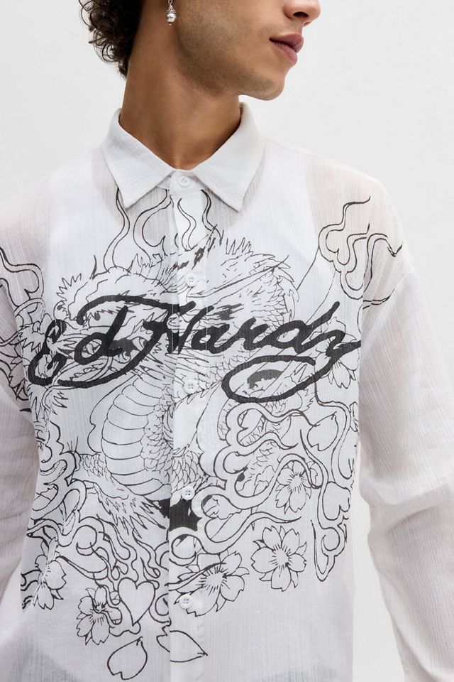 Camicia Ed Hardy UO Exclusive Drago Fiammeggiante Bianca #1