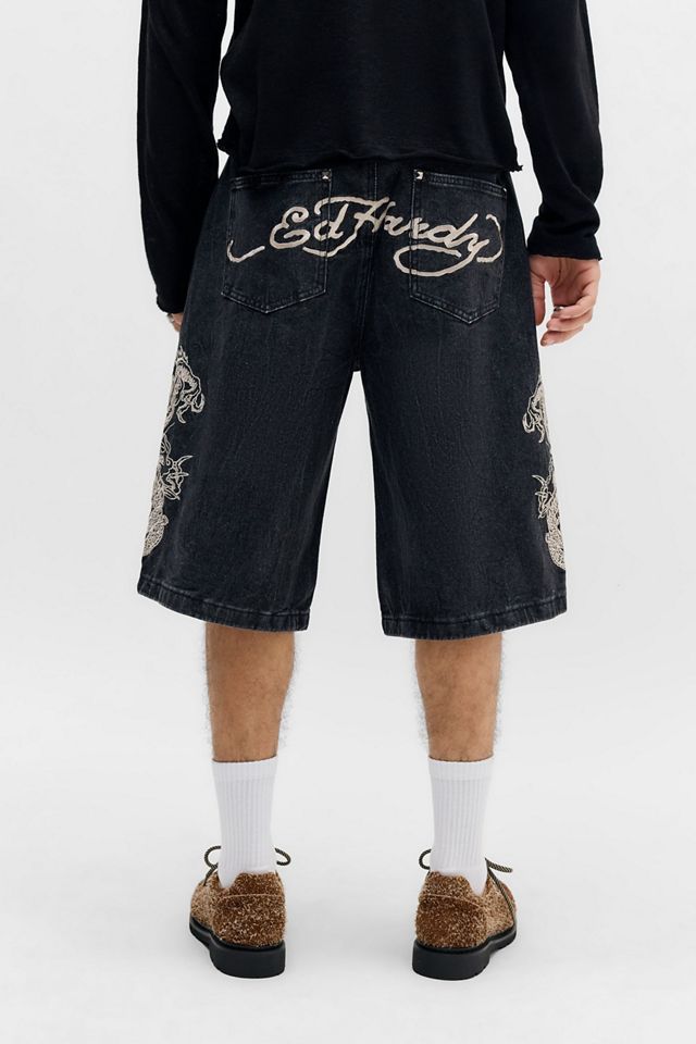 Ed Hardy UO Exclusive Schwarze Denim-Shorts mit Einsätzen #4