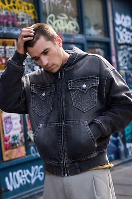 True Religion Grey Big T Hooded Denim Jacket