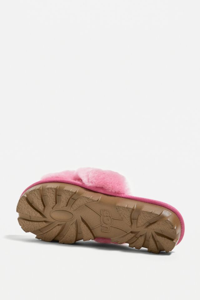 UGG Fuzzette cross strap fluffy slippers in wild berry pink