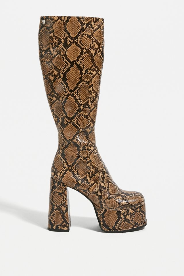 Shellys London Brown Kia Knee-High Snake Print Boots | Urban Outfitters UK