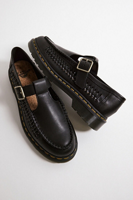 Dr. Martens Black Leather Adrian Woven T-Bar Loafers | Urban