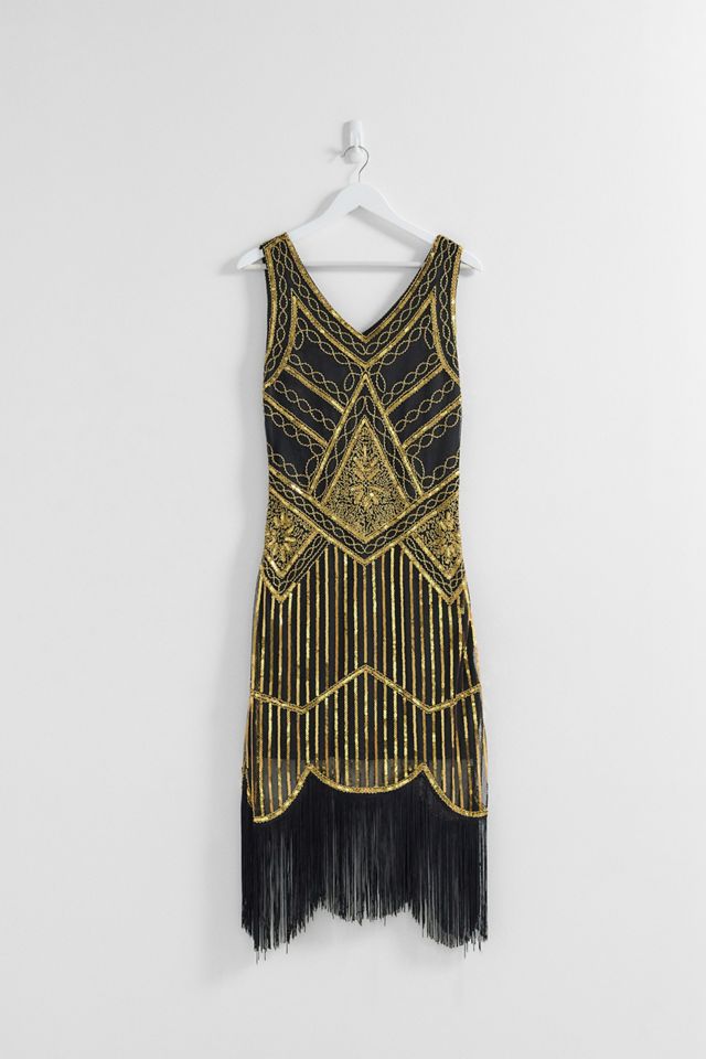 Urban Renewal One-Of-A-Kind Prom Black & Gold Sequin Tassel Dress | Urban  Outfitters UK