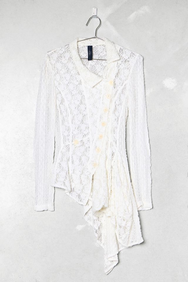 One-Of-A-Kind Victorian Minimalism Cream Asymmetric Lace Shirt #1