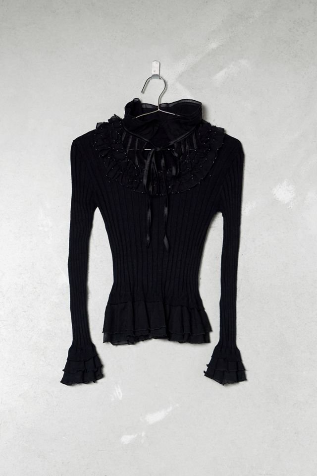 One-Of-A-Kind Victorian Minimalism Black frill Beaded Knit Cardigan #2