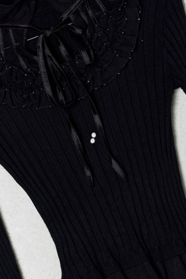 One-Of-A-Kind Victorian Minimalism Black frill Beaded Knit Cardigan #3