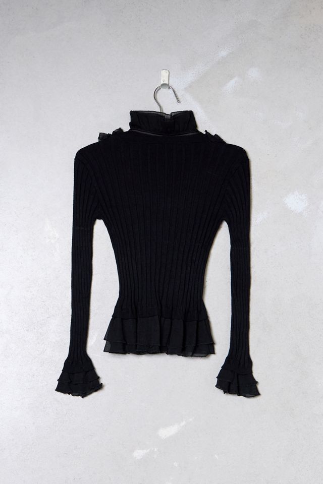 One-Of-A-Kind Victorian Minimalism Black frill Beaded Knit Cardigan #4