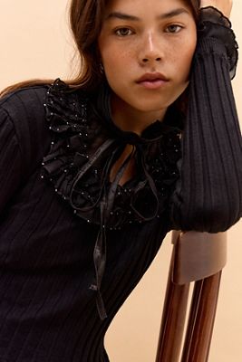 One-Of-A-Kind Victorian Minimalism Black frill Beaded Knit Cardigan