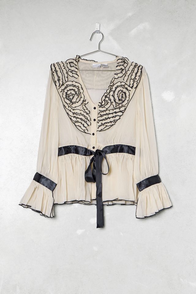 One-Of-A-Kind Victorian Minimalism Newport Cream Ruffle Tie-Front Shirt #1