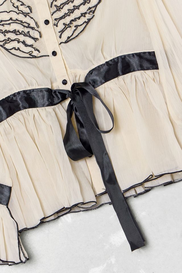One-Of-A-Kind Victorian Minimalism Newport Cream Ruffle Tie-Front Shirt #3