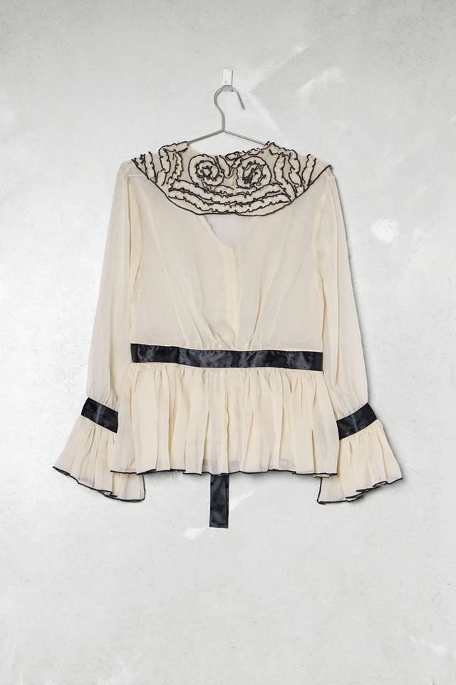One-Of-A-Kind Victorian Minimalism Newport Cream Ruffle Tie-Front Shirt #4