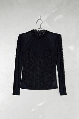 One-Of-A-Kind Victorian Minimalism Guess Black Lace High-Neck Blouse