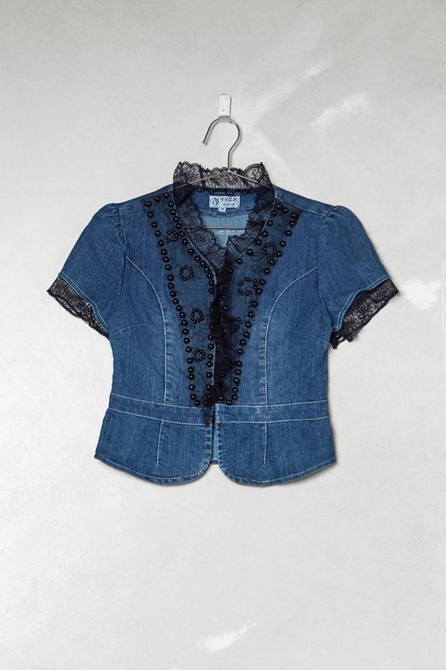 One-Of-A-Kind Victorian Minimalism Denim Lace Trim Shacket #2