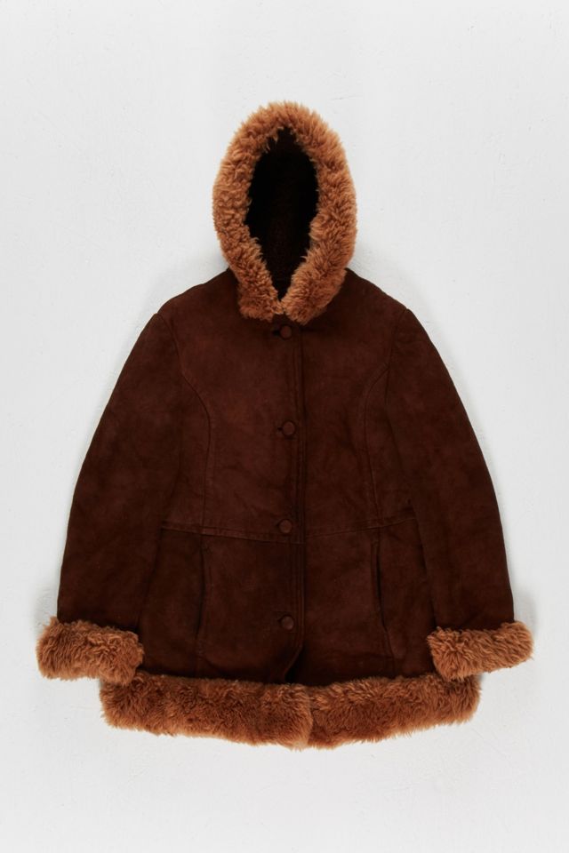 Urban Renewal Vintage Brown Hooded Shearling Coat | Urban Outfitters UK