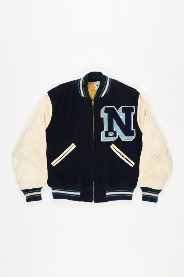 Urban Renewal One-Of-A-Kind Navy Leather Varsity Jacket | Urban ...