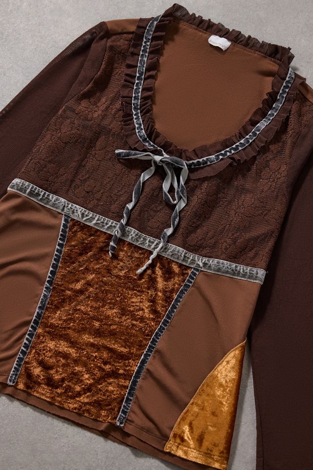 Urban Renewal One-Of-A-Kind Blanche Porte Brown Patchwork Lace & Velvet Long Sleeve Top #1