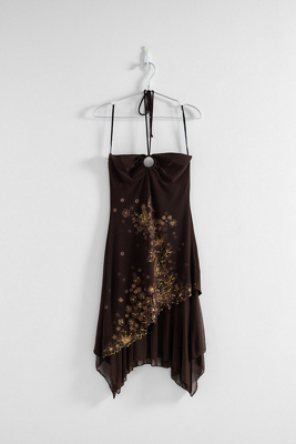 Robe fendue sans bretelles à plumes en bleu marine - Retro, Indie and