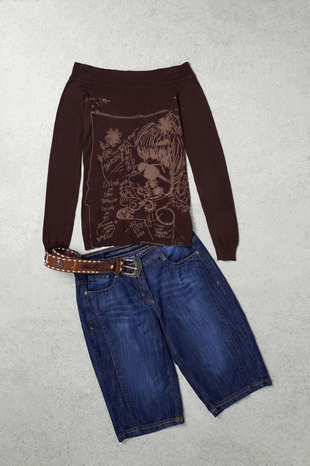 One-of-a-Kind Grunge Desigual Brown Off-Shoulder Graphic Knit Jumper #1