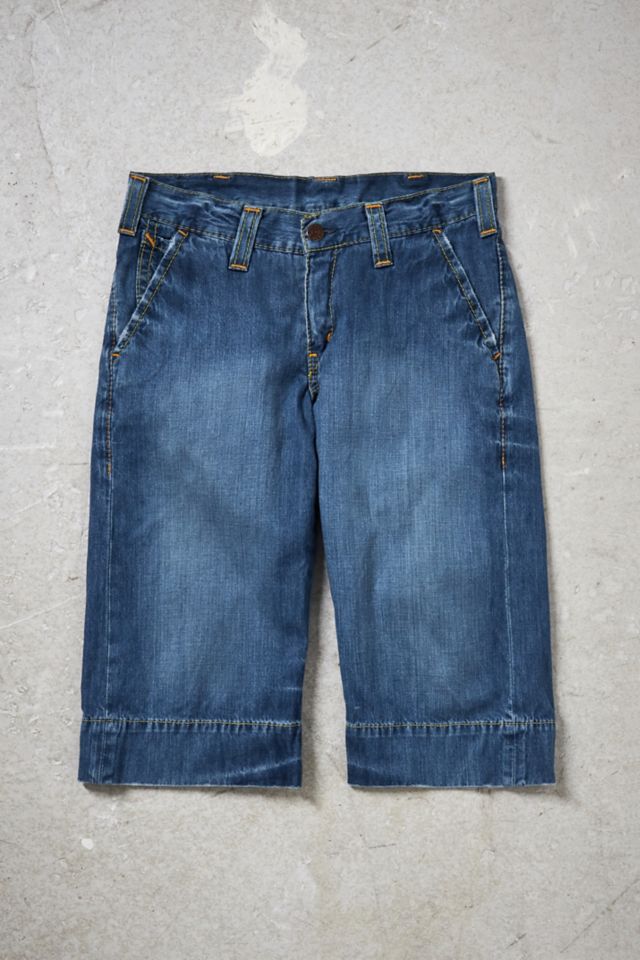 three quarter length denim shorts