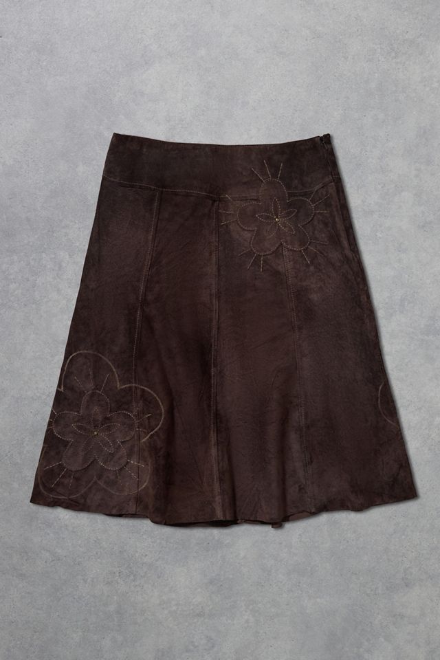 Urban Renewal One-Of-A-Kind Arma Brown Flower Detail Suede Midi Skirt