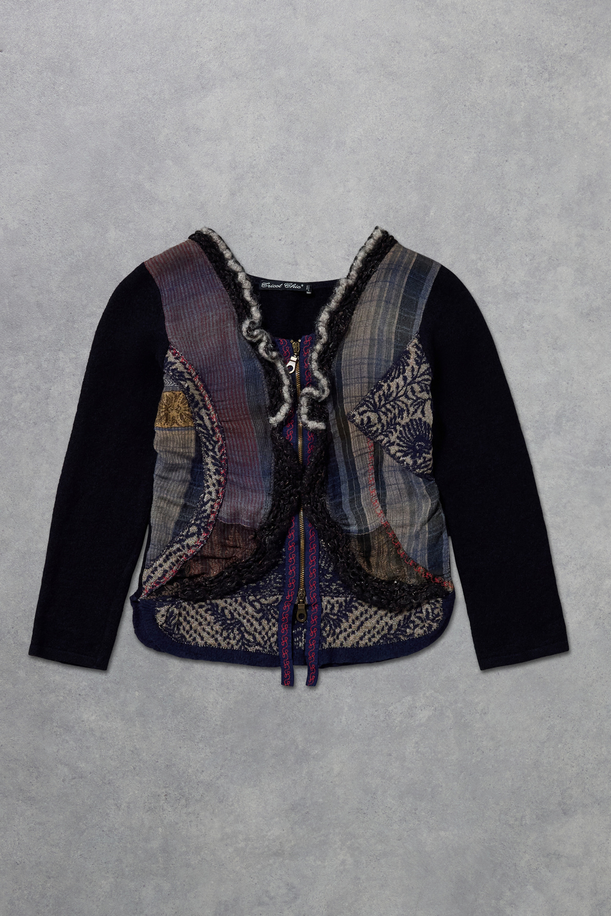 Urban Renewal One-Of-A-Kind Tricot Chic Black Zip Maximalist Sweater