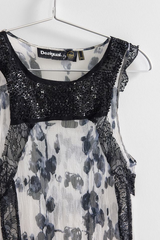 Urban Renewal One-Of-A-Kind Desigual Black & White Sheer Sequin & Lace Midi  Dress | Urban Outfitters UK