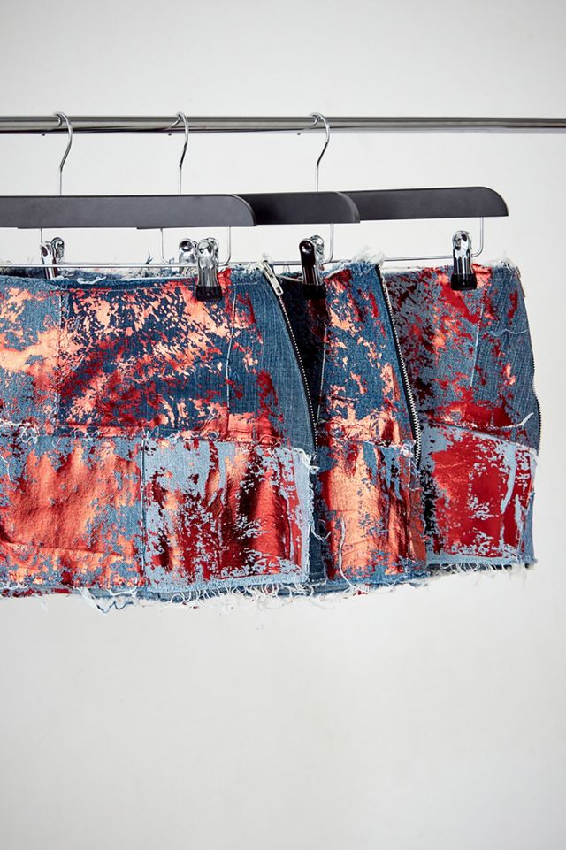 Urban Renewal Rehecho de microfalda de mezclilla de patchwork rojo vintage #1