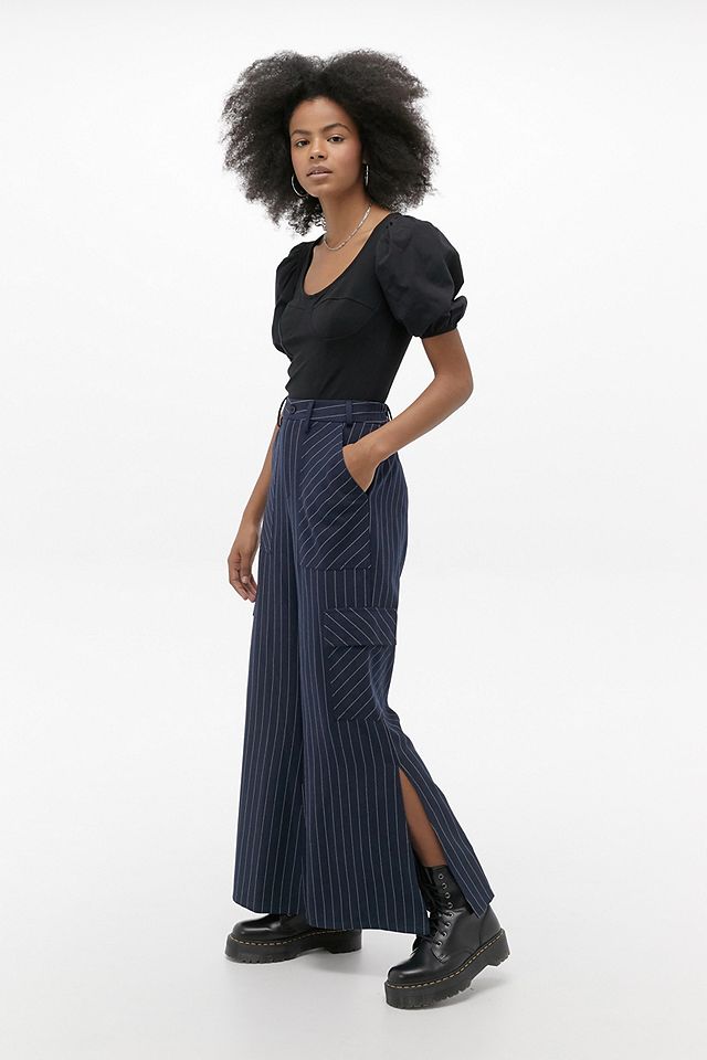 Urban Outfitters Archive Blue Pinstripe Cargo Flare Trousers | Urban ...