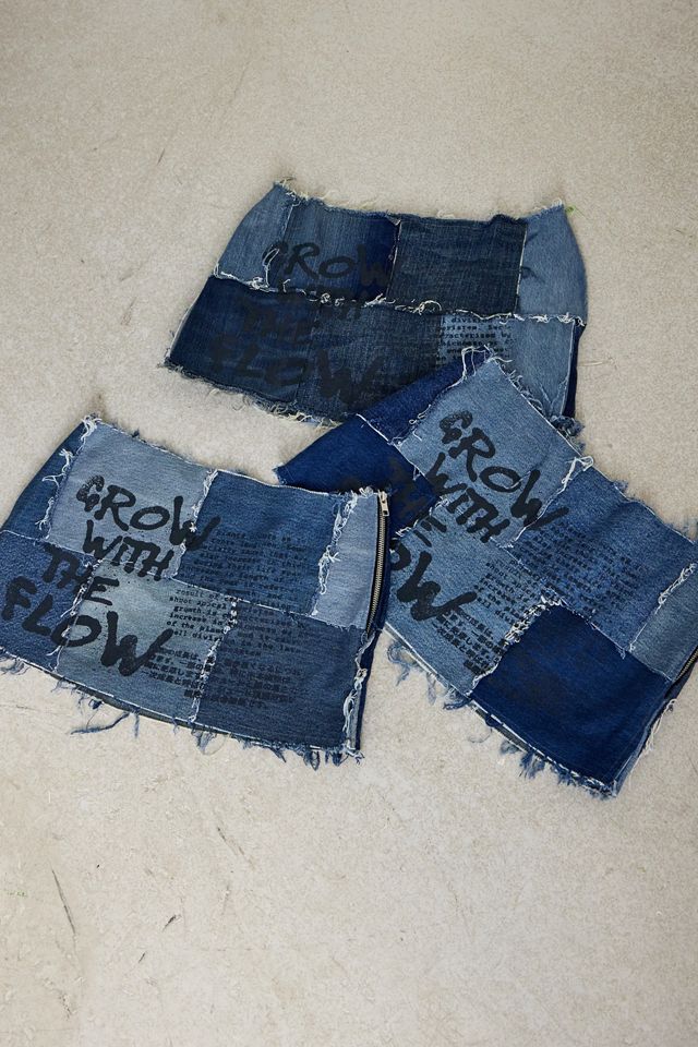 Urban Renewal Remade From Vintage Printed Patchwork Blue Denim Micro Mini Skirt  #2