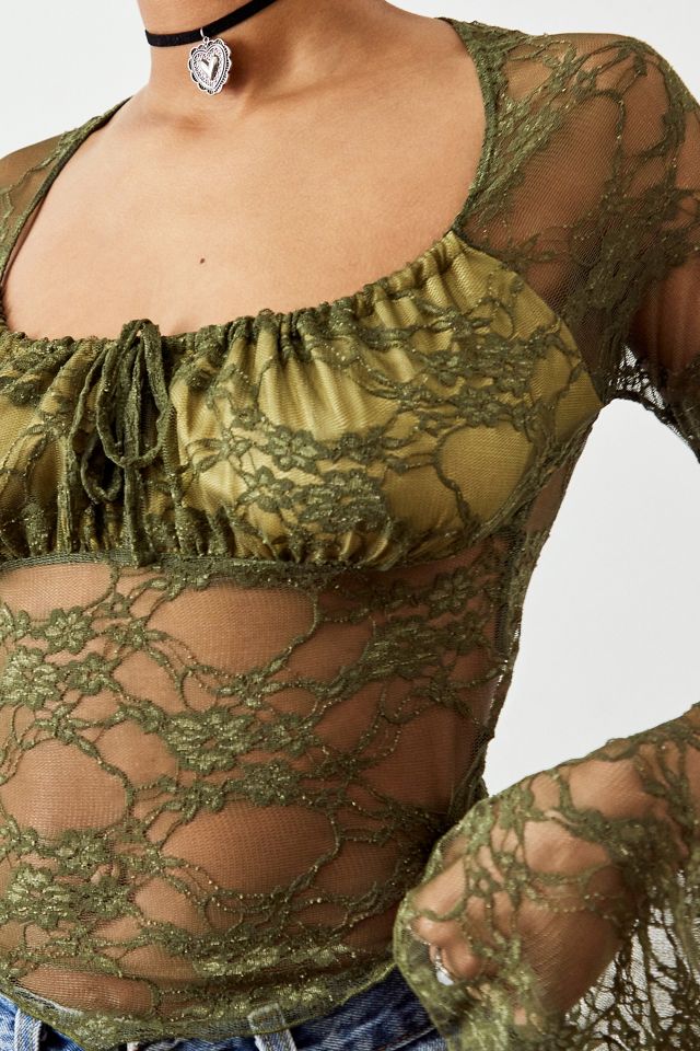 Archive At UO Khaki Ashley Sheer Lace Hanky Hem Top #1