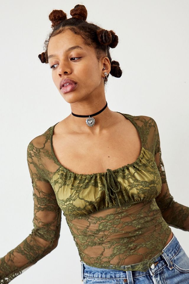 Archive At UO Khaki Ashley Sheer Lace Hanky Hem Top #3