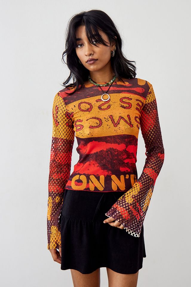 Archive At UO Text Print Contrast Fishnet Sleeve Top #2