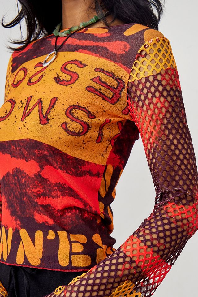 Archive At UO Text Print Contrast Fishnet Sleeve Top #4