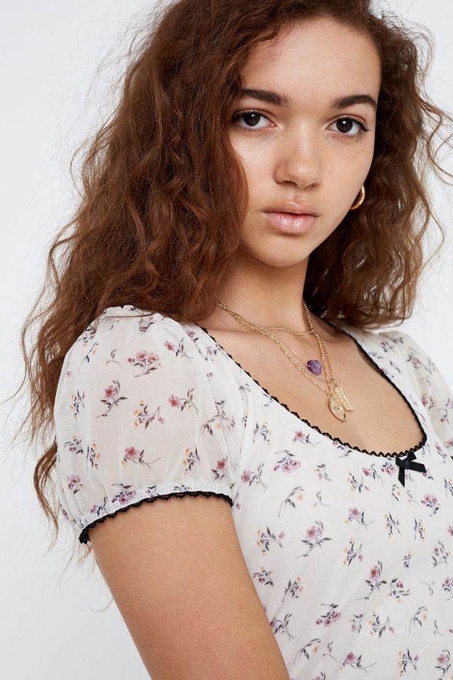Urban Outfitters Archive Ecru Ditsy Floral Mesh Crop Top #1