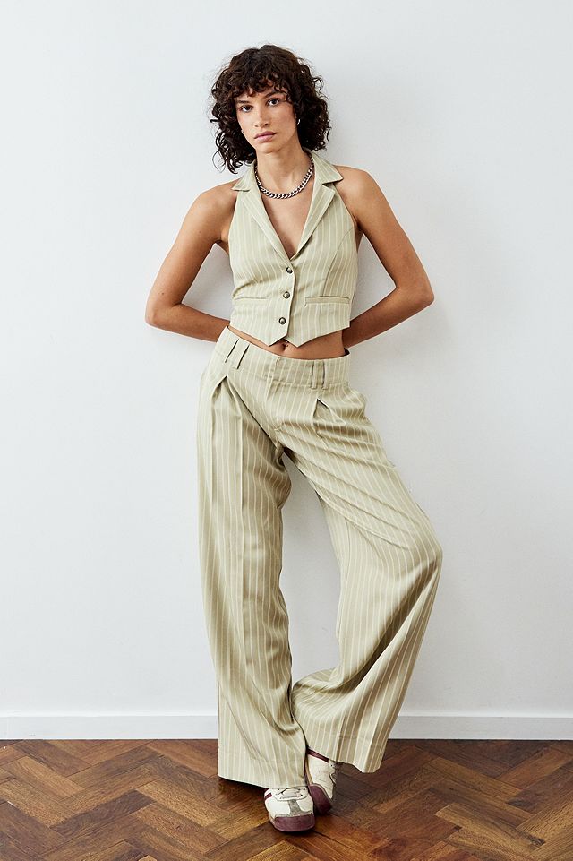 urbanoutfitters.com | Urban Outfitters Archive Beige Pinstripe Halterneck Waistcoat