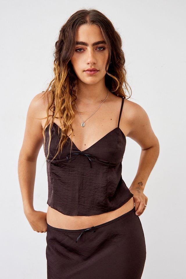 Chocolate Satin Cami Tie Front Crop Top