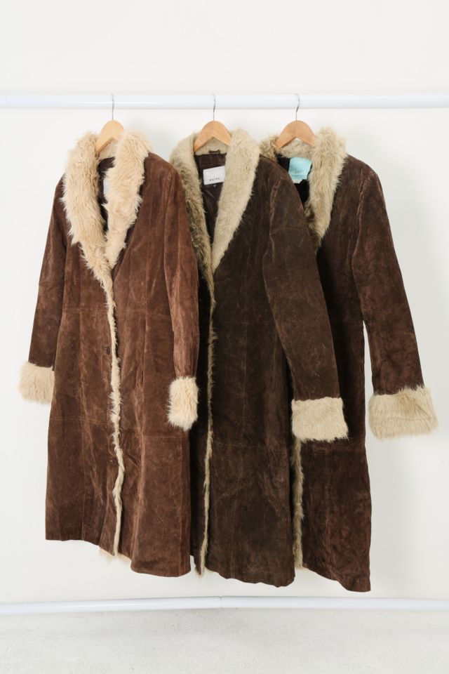 Urban Renewal - Manteau long vintage en daim avec fausse fourrure marron #2