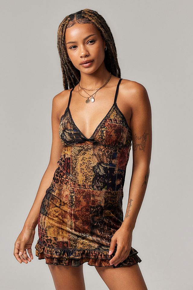 patchwork mini dress Tropical open back with self tie Jaded London Plaid Floral Patchwork