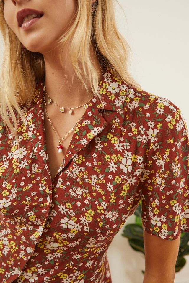 urban outfitters brown floral dress Brown Floral Squared Neckline Short Sleeve Loose Fitted Day Dress