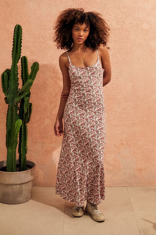 Archive At UO Ecru Pink Floral Maxi Slip Dress