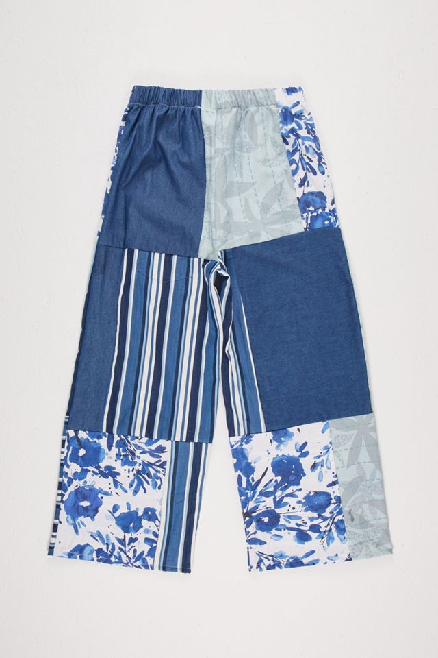 Urban Renewal One-Of-A-Kind White & Blue Patchwork Trousers #1