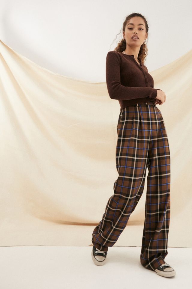 Urban Outfitters Archive Brown Tartan Puddle Trousers | Urban Outfitters UK